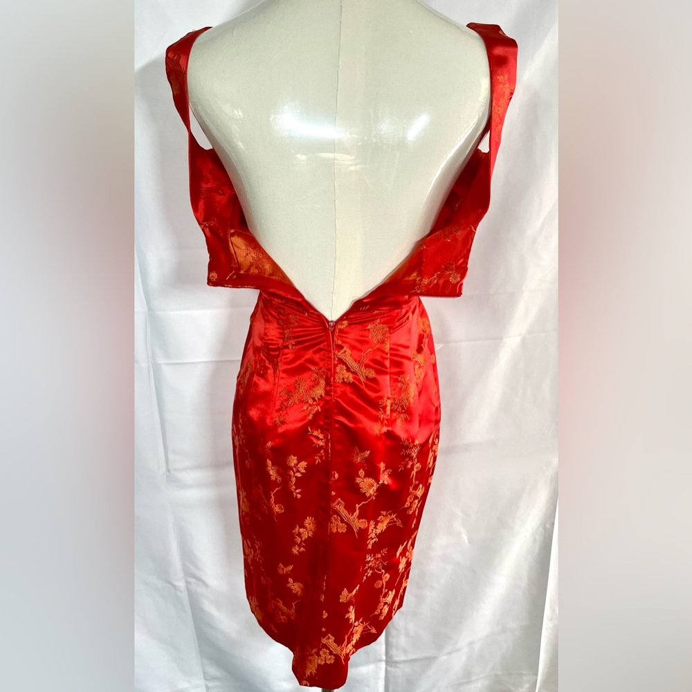 Red & Gold Chinese brocade silky 2-piece pencil dress & cropped jacket size XS - Picture 14 of 16